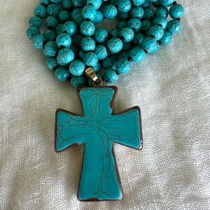 Long Faux Turquoise Bead Necklace with Cross Pendant with Gold Border Boho Chic